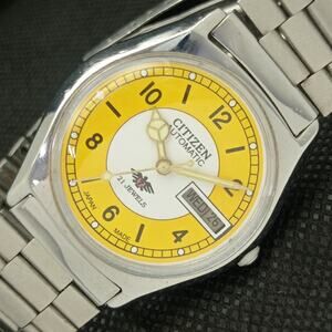 Vintage 1976 Citizen Automatic Mens Silver Watch W/daydate & Yellow accents